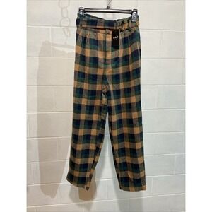 OAT New York Women's Plaid Trouser Pants SMALL Green‎ Wool Blend Cropped Flannel